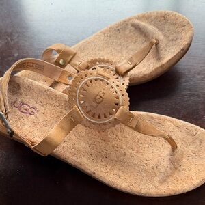 UGG Women’s Tan Cork T-Strap Sandals with Decorative Medallion